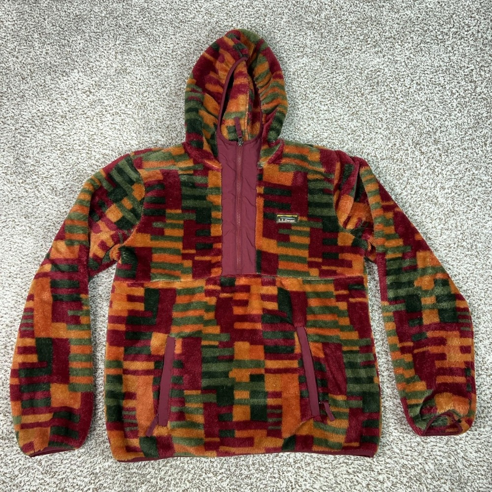 LL Bean Jacket Mens M‎ Multicolor Fleece Hooded Half Zip Geometric Pullover Gorp